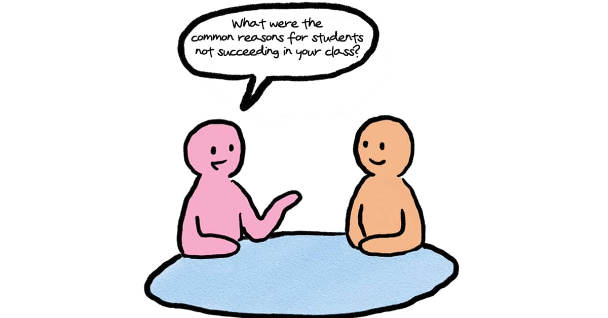 Two cartoon figures sit at a table. The pink figure asks, What were the common reasons for students not succeeding in your class? Was it due to grading practices or perhaps a lack of review?.