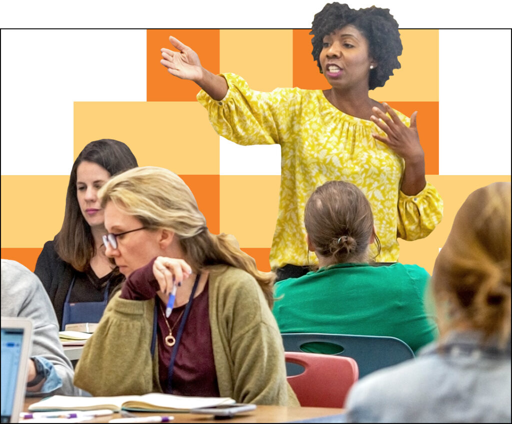 A woman in a bright yellow top stands and speaks to a group of seated people eagerly taking notes, all engaged in a professional development session. The vibrant background features an orange and white checkered pattern.