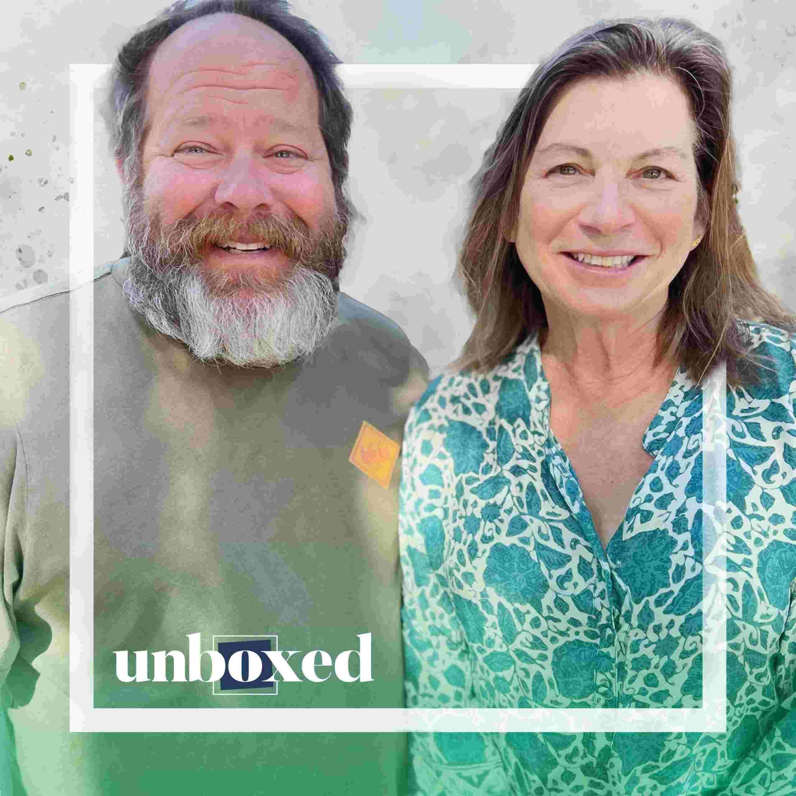 A bearded man and a woman smile at the camera, standing close together. Celebrating 20 years, the image has a white border with unboxed in the bottom left corner on a green gradient. The woman wears a patterned blouse, while the man sports a gray top, embodying High Tech Highs innovative projects spirit.
