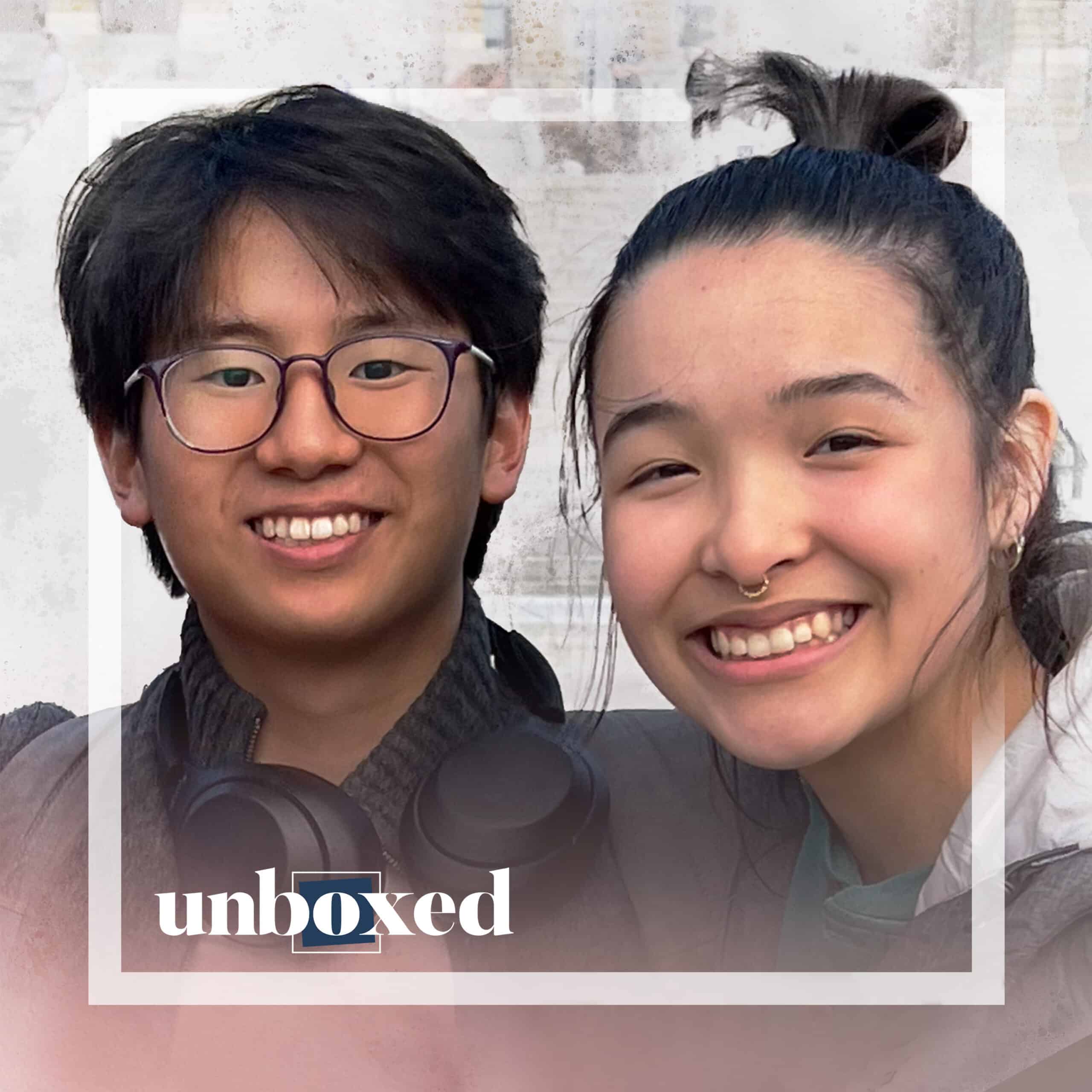 A smiling young man wearing glasses and headphones, and a smiling young woman with a nose ring share the frame, embodying the spirit of free speech. Both are inside a light square frame with the word unboxed at the bottom.