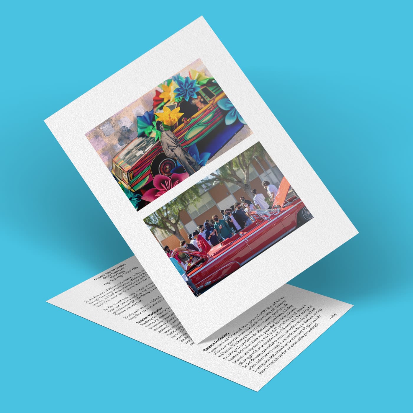 A colorful image of two photos on a white sheet captures a sense of revolution. The top photo displays a vibrant mural with a classic car and flowers, while the bottom photo features people cruisin around a vintage car. The sheet rests on an inviting blue surface.
