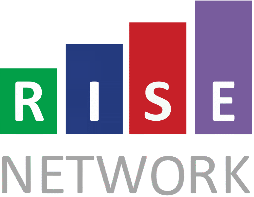 Logo with four colored vertical bars of varying heights, each containing a letter to spell RISE. Below, the word NETWORK appears in large, gray letters.